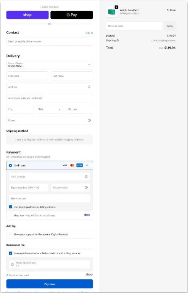 RejuvaCare OzemPatch Secure Checkout Page